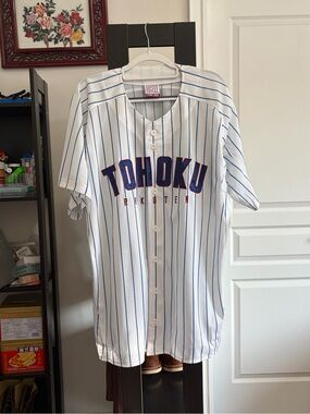 Tohoku Rakuten Golden Eagles Baseball Jersey White Blue Stripe
